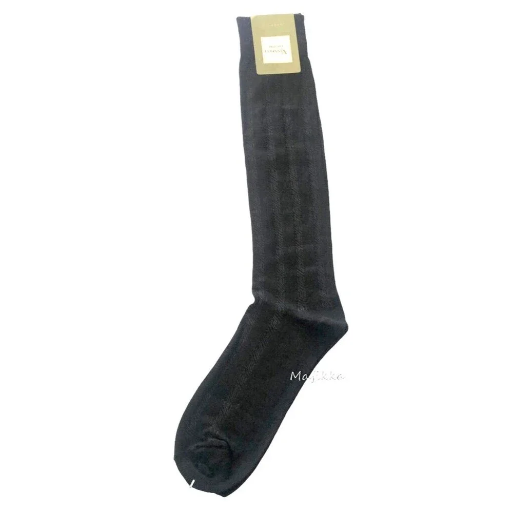 Vannucci Mens Dress Socks Over the Calf Black Vertical Pattern Designer Sz 10-13
